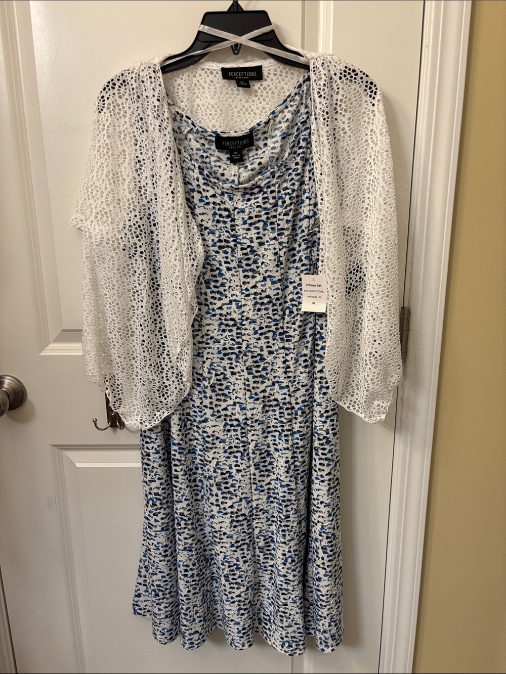 Perceptions Blue & White Printed Midi Dress with White Crochet Shrug